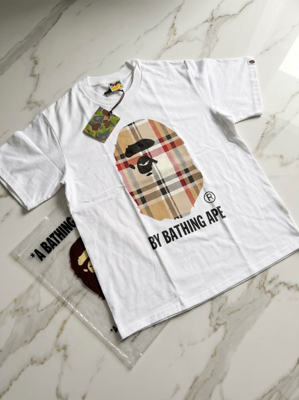 White Short Sleeve Tee with Plaid Ape Logo